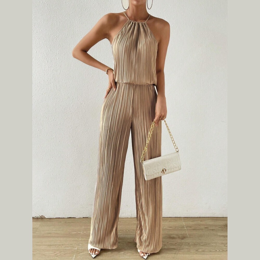 Champagne Vertical Pleated Halter Top and Wide Leg Pantsuit Set